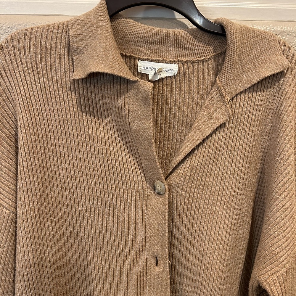 Happily Grey Tan Ribbed Women's Cardigan Sweater - Picture 5 of 12